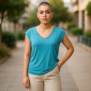 White House Black Market Sleeveless Blue Womens M Top V-Neck w/ Metal Trim